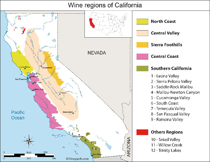 Bản đồ Vùng Rượu Vang California Hoa Kỳ Usa