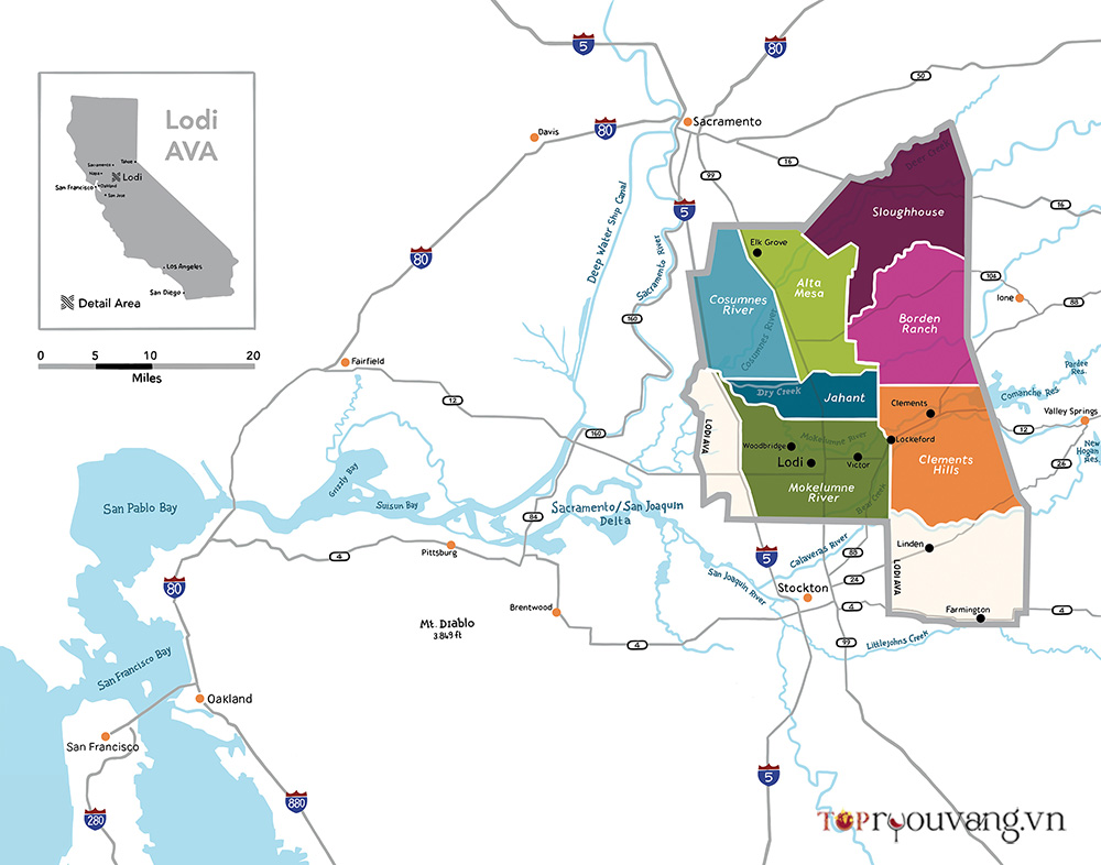 Bản đồ Rượu Vang Vùng Lodi Valley California