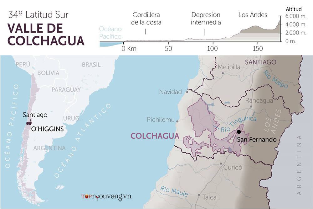 Bản đồ vùng rượu vang Colchagua Valley